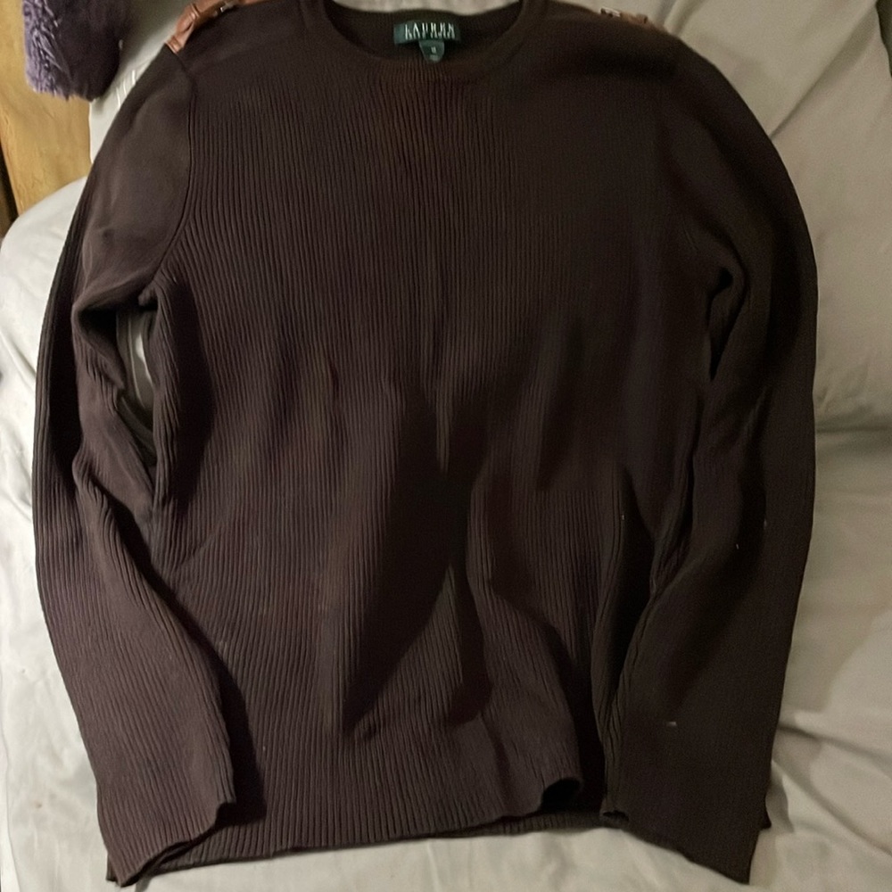 Lauren Ralph, Lauren Brown ribbed sweater with leather accents on shoulders